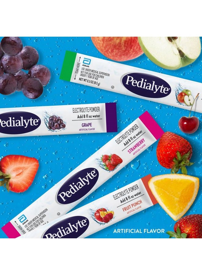 Pedialyte مسحوق الإلكتروليت | مشروب الترطيب للأطفال والبالغين | مجموعة متنوعة: عنب، فواكه الفراولة، وتفاح، 8 عبوات مسحوق - Image 2